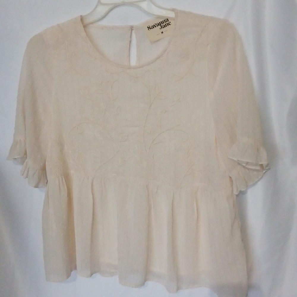 Savanna Jane Boho Cream embroidered shirt top blouse short sleeve, sparkly NWOT